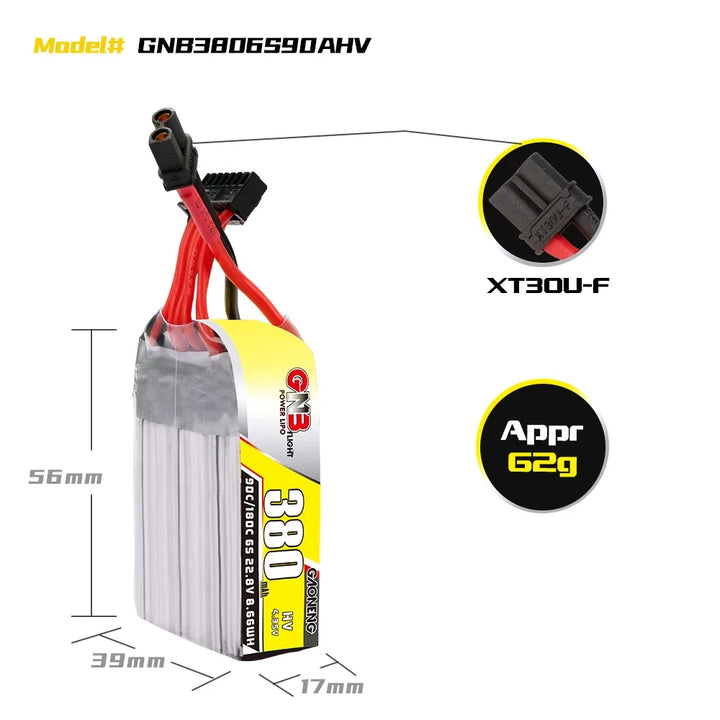 Gaoneng GNB 380mAh HV LiPo Battery 90C/180C XT30 — 2S / 3S / 4S / 6S Tiny Whoop FPV