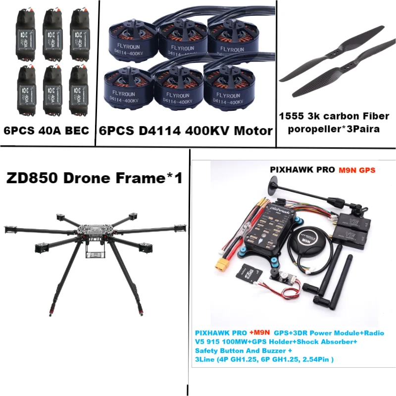 Rctosky ZD850 PRO M8N/M9N/M10 Full Carbon Fiber 850mm Hexa-Rotor Frame BLHELI 40A ESC PIXHAWK Flight Comtrol Rado Telemetry Set