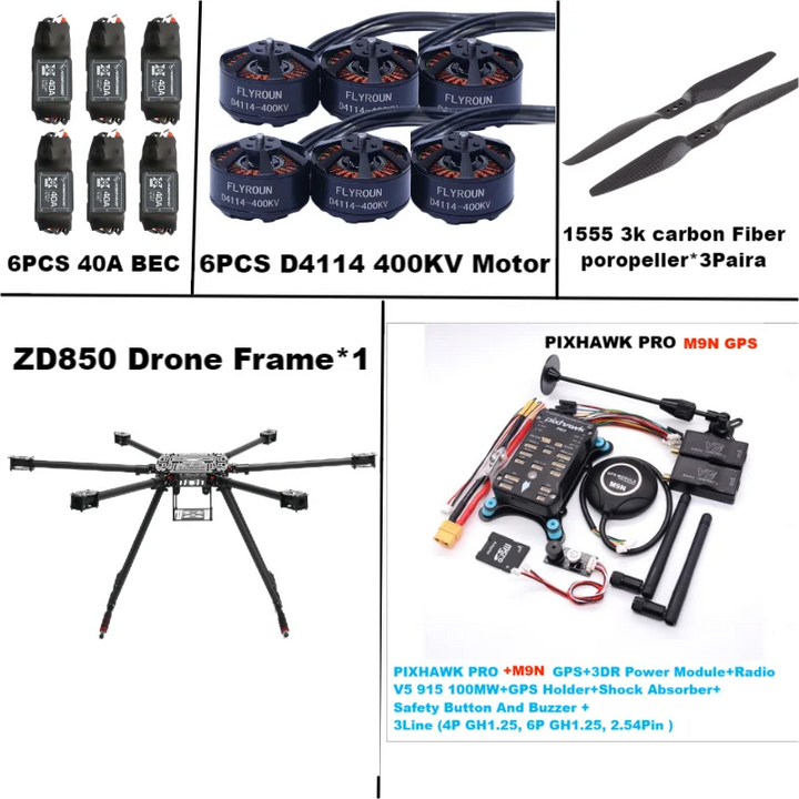Rctosky ZD850 PRO M8N/M9N/M10 Full Carbon Fiber 850mm Hexa-Rotor Frame BLHELI 40A ESC PIXHAWK Flight Comtrol Rado Telemetry Set