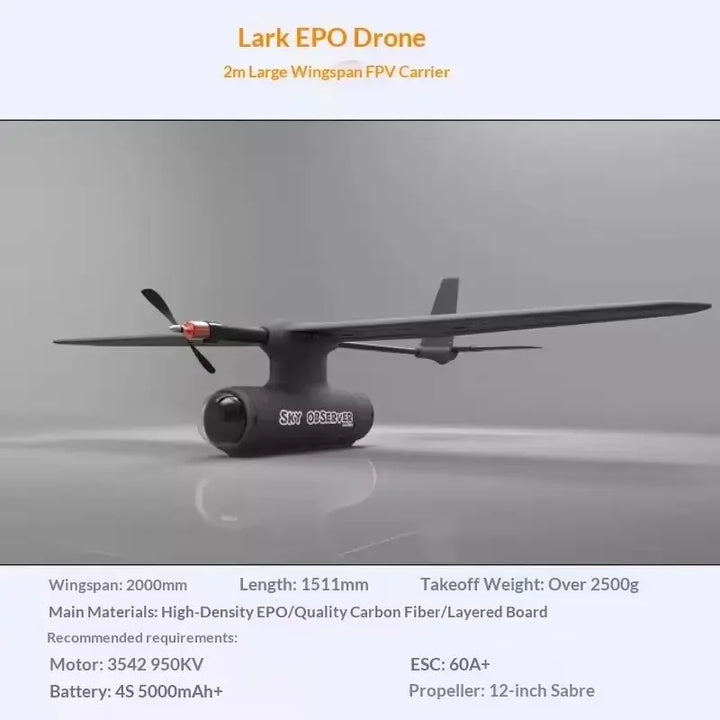 Sky Observer VTOL Fixed Wing Drone — 2000mm Wingspan, EPO + Carbon Fiber, PNP/KIT