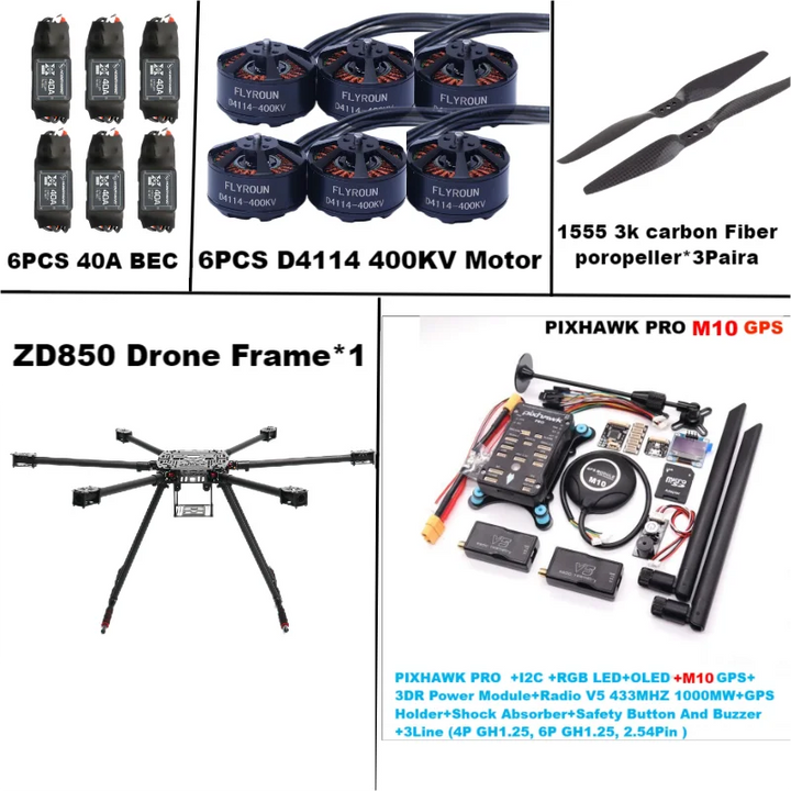 Rctosky ZD850 PRO M8N/M9N/M10 Full Carbon Fiber 850mm Hexa-Rotor Frame BLHELI 40A ESC PIXHAWK Flight Comtrol Rado Telemetry Set