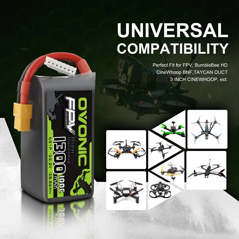 OVONIC 6S 1300mAh 100C LiPo Battery — 22.2V, XT60, FPV Racing Drone & RC Helicopter (1/3/5pc)