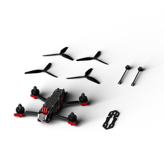 iFlight CineFlow 5 with detached propellers, antennas and mounting plate arranged beside it