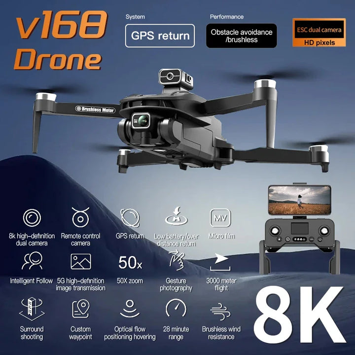 V168 Drone 8K 5G GPS Professional HD Aerial Photography Dual-Camera 360° all-rould Obstacle Avoidance Foldable Drone