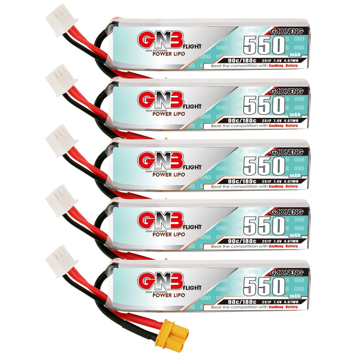 Gaoneng GNB 550mAh 2S 7.4V 90C Slender LiPo Battery XT30 — 1-6 Pack for Micro FPV