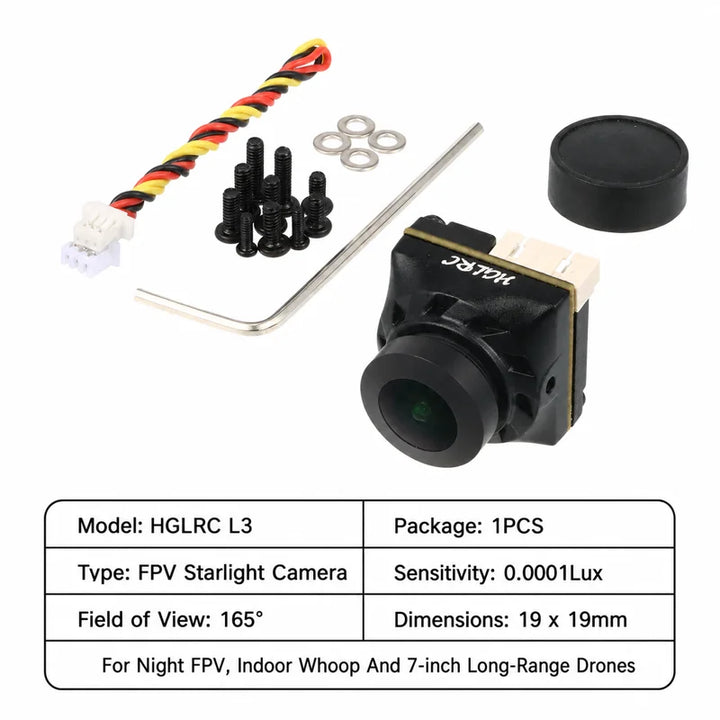 HGLRC L3 Mini Analog FPV Camera — 1800TVL, 1/2.9" CMOS, F1.0, 0.000001 Lux, Super WDR, 19×19mm, 5–40V, PAL/NTSC