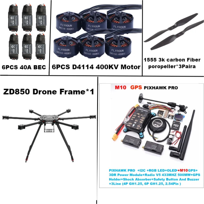 Rctosky ZD850 PRO M8N/M9N/M10 Full Carbon Fiber 850mm Hexa-Rotor Frame BLHELI 40A ESC PIXHAWK Flight Comtrol Rado Telemetry Set