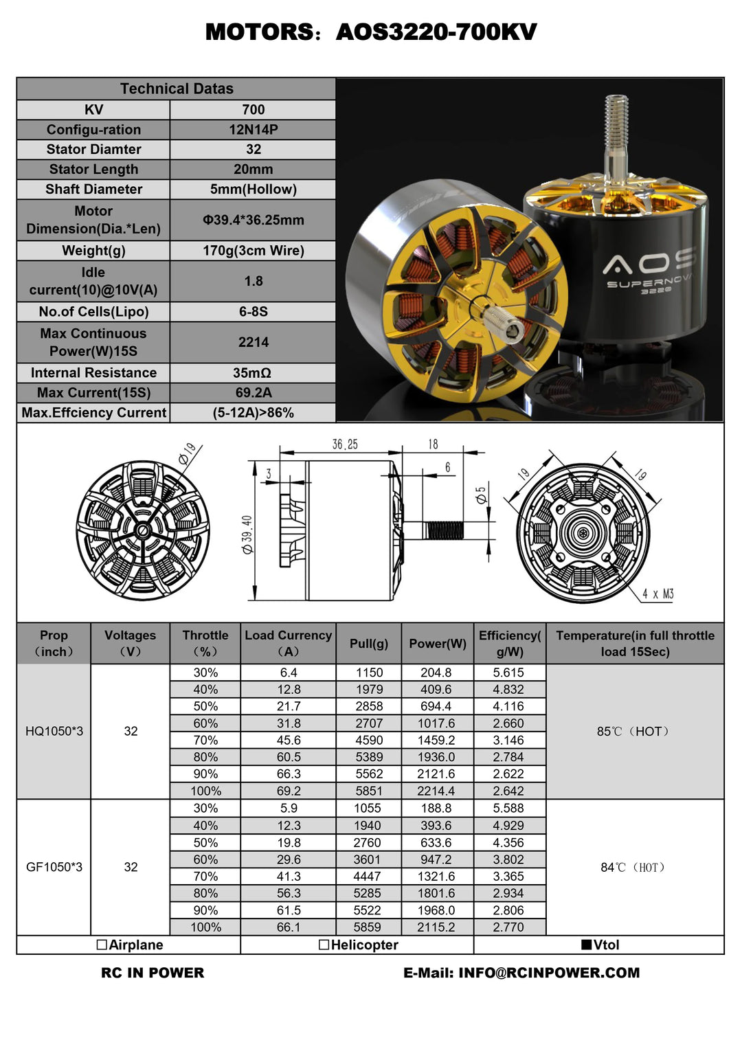 Rcinpower AOS Supernova 3220 Motor-700KV 6-8S 925KV  5-6S Gear for Wing / Cinelifter Drone with 10 inch Propeller 1050 lifter