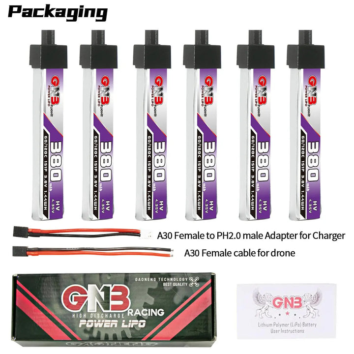 6PCS GAONENG 1S 380mAh 3.8V 60C GNB HV Lipo Battery A30 High Current Discharge Connector For FPV RC Tiny Whoop Drone DIY BT2.0