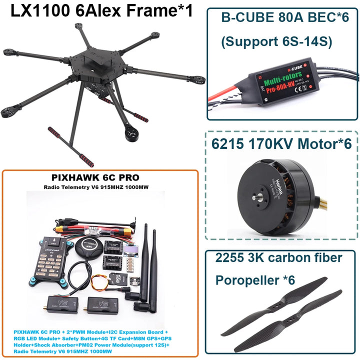 FPV LX1100 6C PRO M8N M9N M10 Full Carbon Fiber1100mm Hexa-Rotor Frame B-CUBE 80A ESC PX4 Pixhawk Flight Control Set 6215 Motor