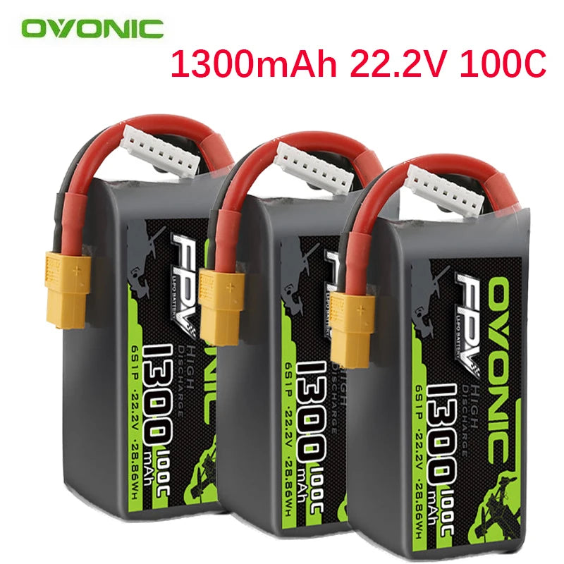OVONIC 6S 1300mAh 100C LiPo Battery — 22.2V, XT60, FPV Racing Drone & RC Helicopter (1/3/5pc)
