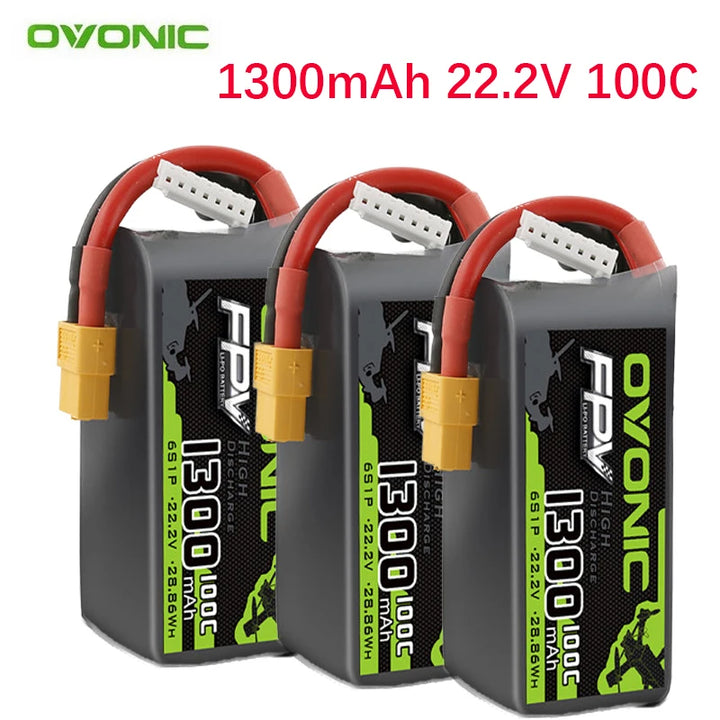 OVONIC 6S 1300mAh 100C LiPo Battery — 22.2V, XT60, FPV Racing Drone & RC Helicopter (1/3/5pc)