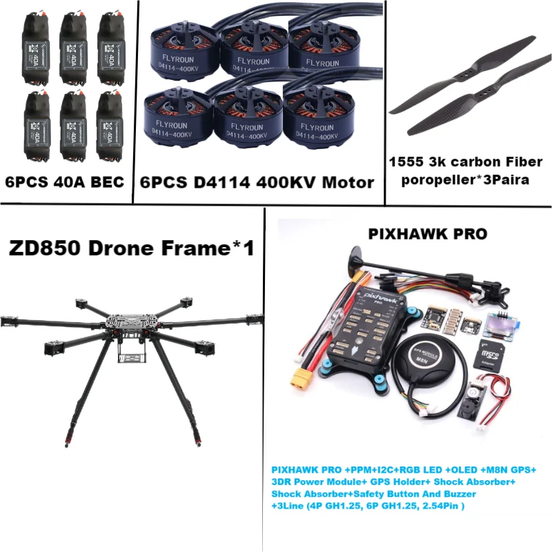 Rctosky ZD850 PRO M8N/M9N/M10 Full Carbon Fiber 850mm Hexa-Rotor Frame BLHELI 40A ESC PIXHAWK Flight Comtrol Rado Telemetry Set