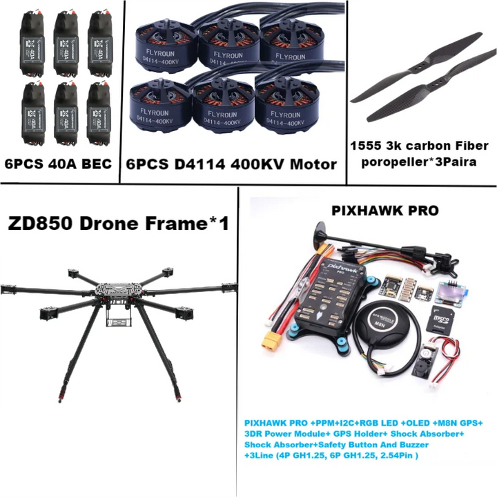 Rctosky ZD850 PRO M8N/M9N/M10 Full Carbon Fiber 850mm Hexa-Rotor Frame BLHELI 40A ESC PIXHAWK Flight Comtrol Rado Telemetry Set