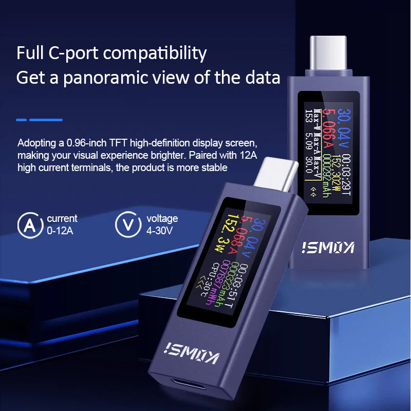 Type-C USB Power Meter DC 4-30V 12A - Digital Voltage Ammeter Tester