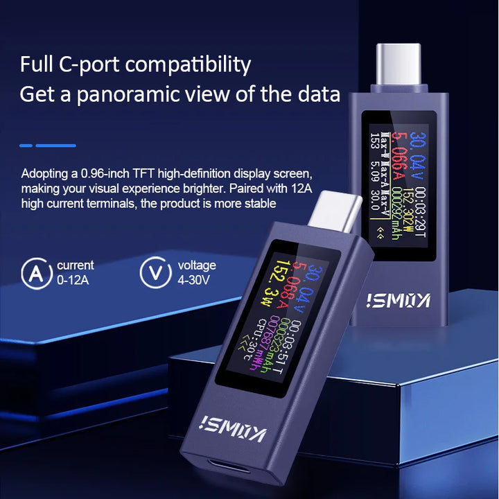Type-C USB Power Meter DC 4-30V 12A - Digital Voltage Ammeter Tester