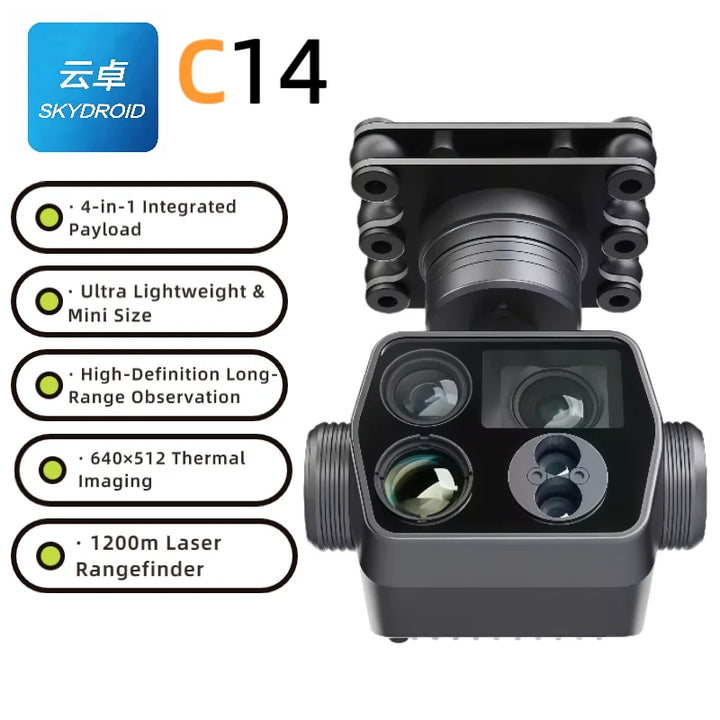 SKYDROID C14 4-in-1 Industrial Drone Gimbal — 2K 100x Zoom, 640×512 Thermal, 1200m Rangefinder, 3-Axis, 199g