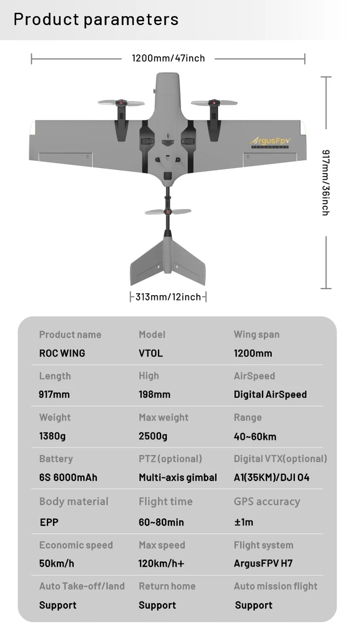 ArgusFPV Y3 ROC WING VTOL - PNP Lite Fixed Wing Aircraft