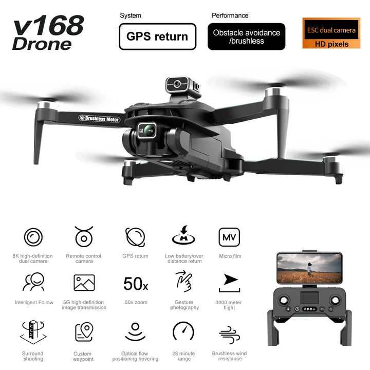 V168 PRO Drone 8K 5G GPS Professional HD Aerial Photography Dual-Camera Obstacle Avoidance Brushless Motor Quadcopter Drone Toy