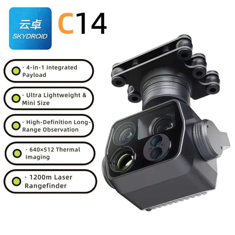 SKYDROID C14 4-in-1 Industrial Drone Gimbal — 2K 100x Zoom, 640×512 Thermal, 1200m Rangefinder, 3-Axis, 199g