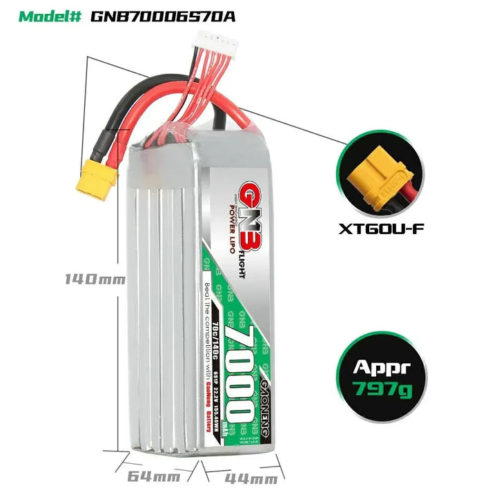 GNB 6S1P 22.2V 3500mAh/4000mAh/5500mAh/7000mAh 70C Lipo Battery With XT60/XT90 Plug For FPV Drone RC Helicopter Car UAV Parts