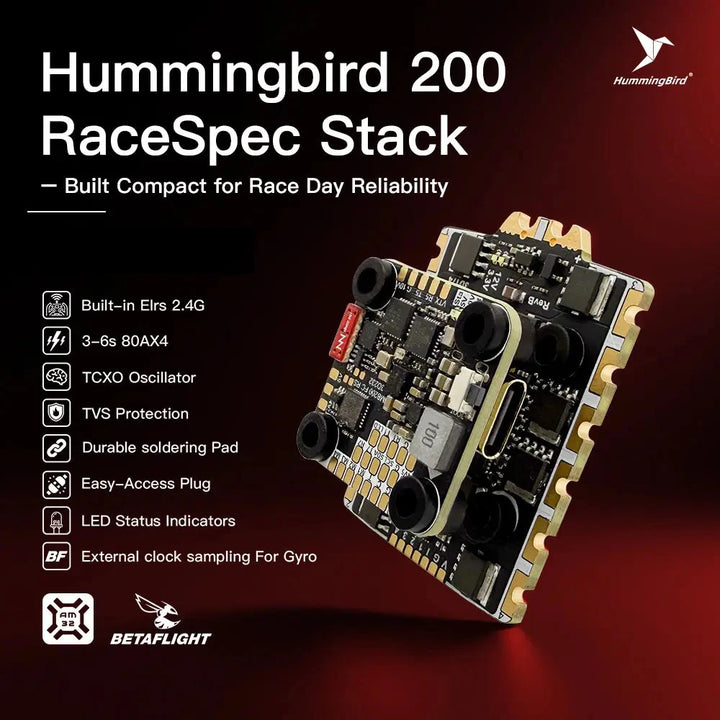 NewBeeDrone Hummingbird 200 RaceSpec Stack 20x20mm/200 RaceSpec FC AT32F435 Built-in ELRS 2.4GHz/ 200 ESC RaceSpec 80A AM32 3-6S