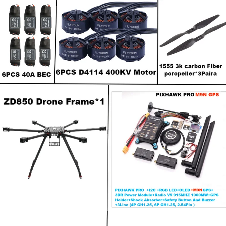 Rctosky ZD850 PRO M8N/M9N/M10 Full Carbon Fiber 850mm Hexa-Rotor Frame BLHELI 40A ESC PIXHAWK Flight Comtrol Rado Telemetry Set