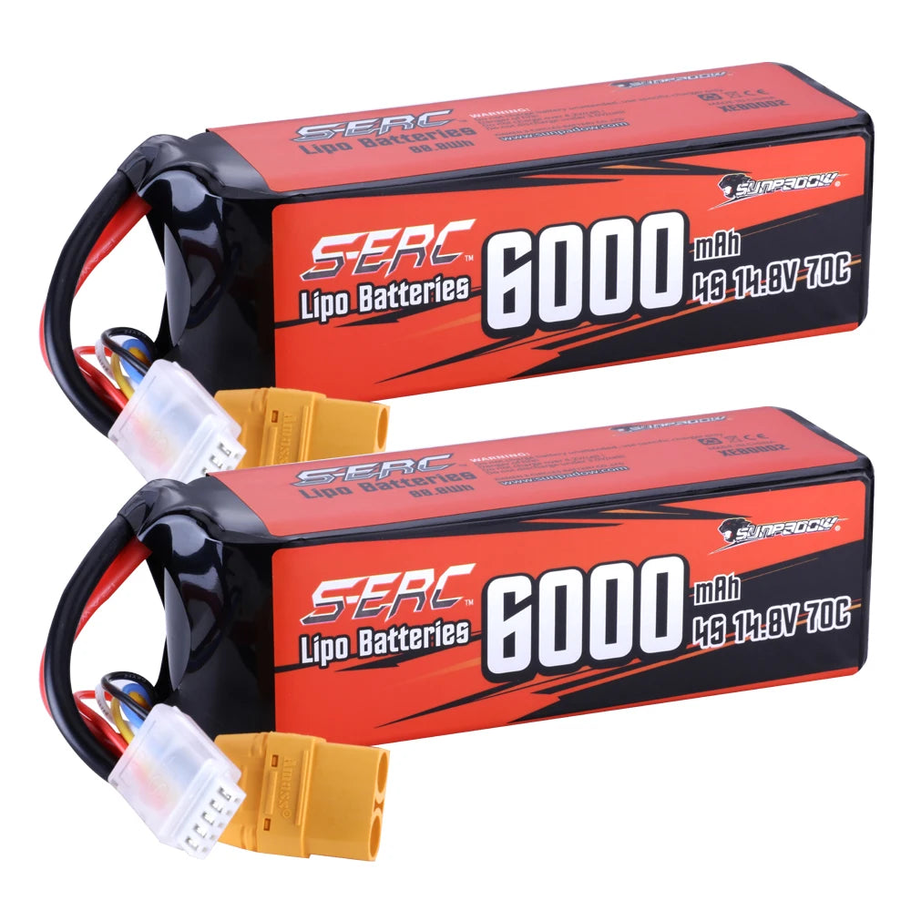 SUNPADOW 4S Rechargeable Lipo Battery 14.8V 6000mAh 70C Soft Pack with XT90 for RC Buggy Truggy Vehicles Car Boat TrucK Tank