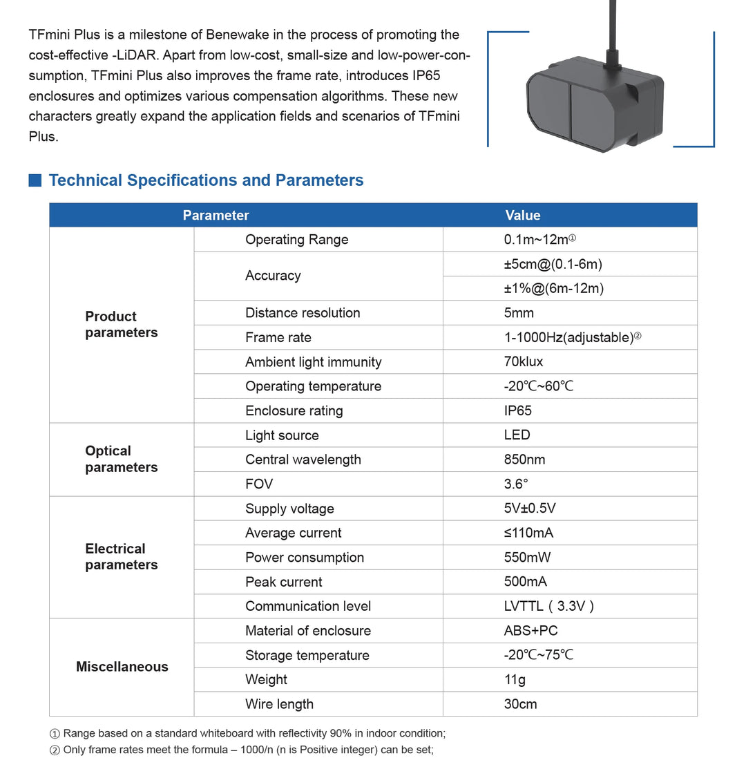 Benewake TFmini Plus LiDAR Sensor IP65 Waterproof 12m Range