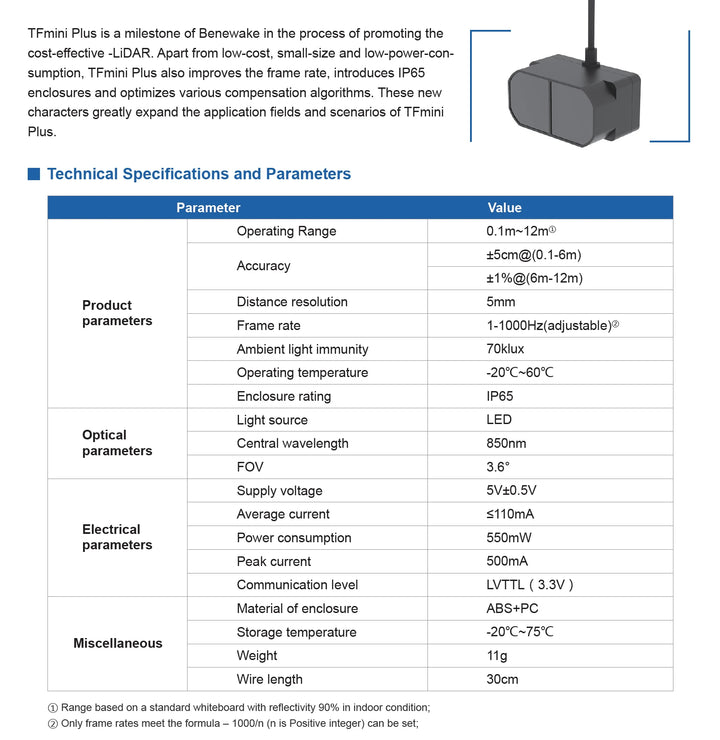 Benewake TFmini Plus LiDAR Sensor IP65 Waterproof 12m Range
