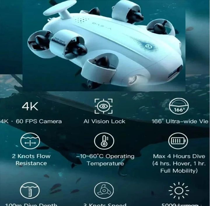 QYSEA FIFISH V-EVO Underwater ROV — 4K/60fps, 166° FOV, 360° Omnidirectional, AI Vision Lock, 5000 Lumen LEDs, 100m Cable