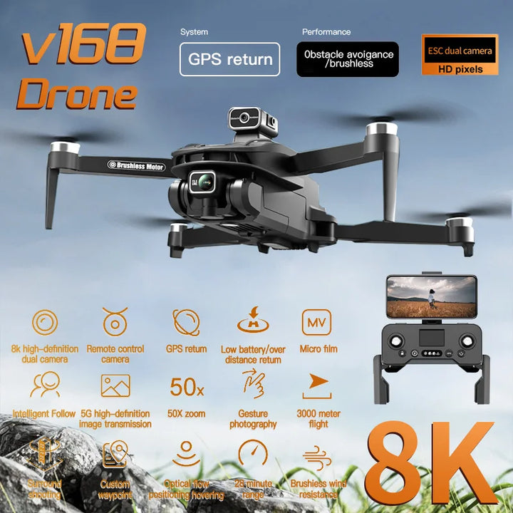 8K 5G GPS V168 Drone Professional HD Aerial Photography Dual-Camera 360° all-around Obstacle Avoidance Foldable Drone