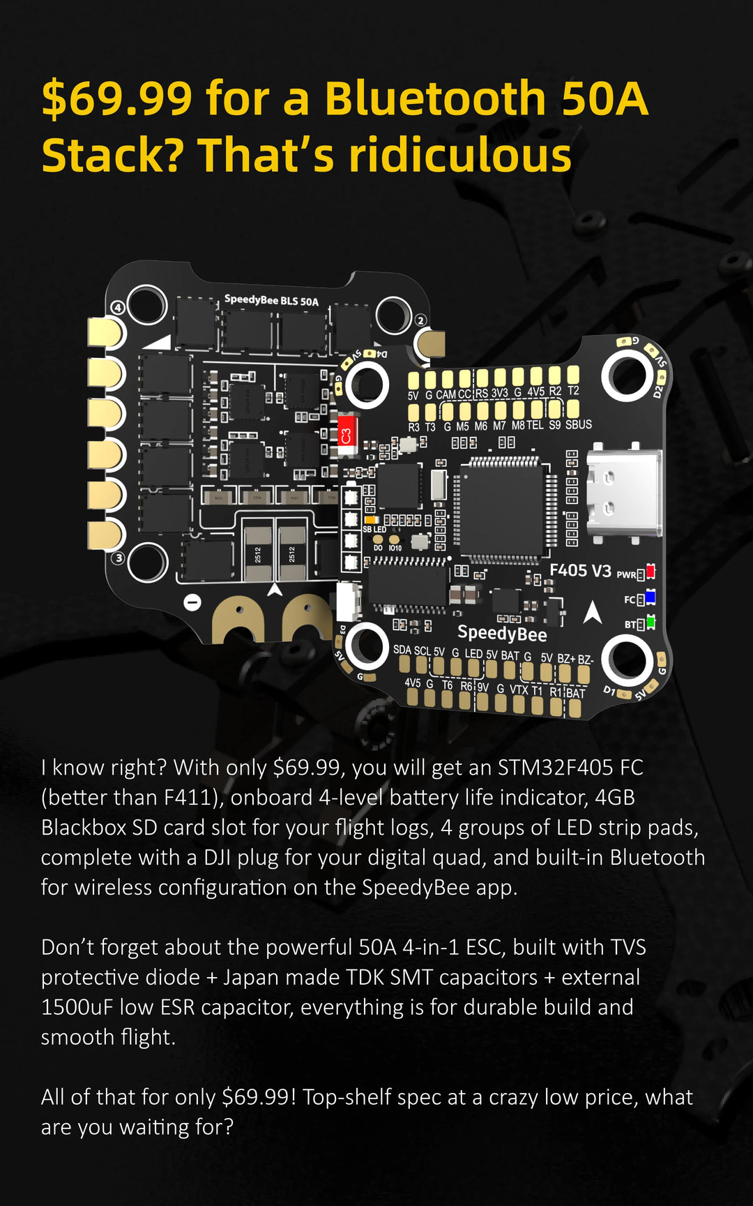 Speedybee F405 V3 50A Stack Fc Ecs Bmi270 30X30 Flight Controller Bls 4-In-1 Esc 3-6S Lipo For Rc Fpv Drone Runcam