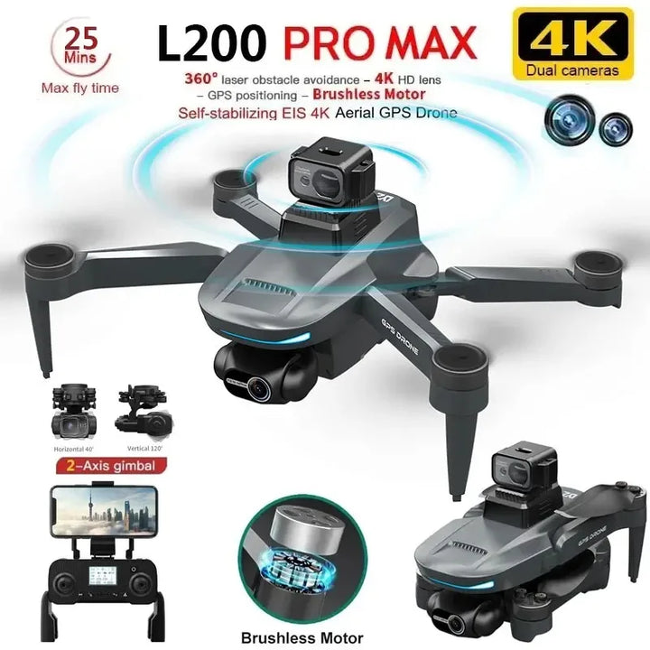 L200 GPS 4K Dual Camera Drone with 2-Axis Gimbal, 25-Min Flight, EIS Stabilization, 3000M Range, Wi-Fi FPV, and Obstacle Avoidance