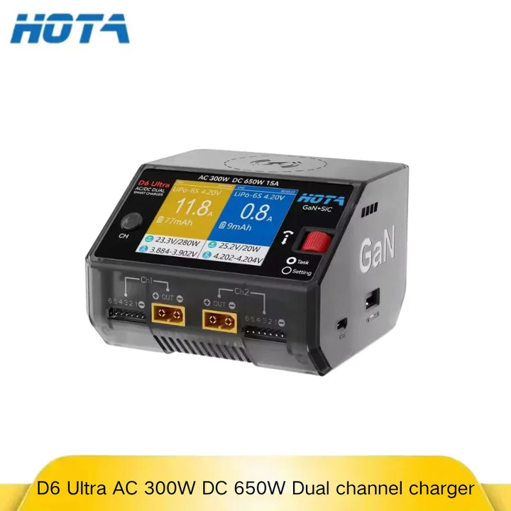 HOTA D6 Ultra Dual-Channel Battery Charger - AC/DC 650W GaN Tech 15A 1-6S LiPo LiHV for FPV Drone RC Batteries