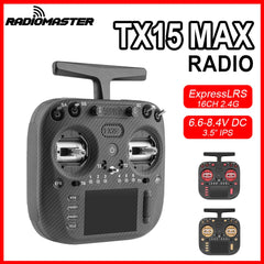 RadioMaster TX15 MAX feature graphic showing silver, red and gold control accents