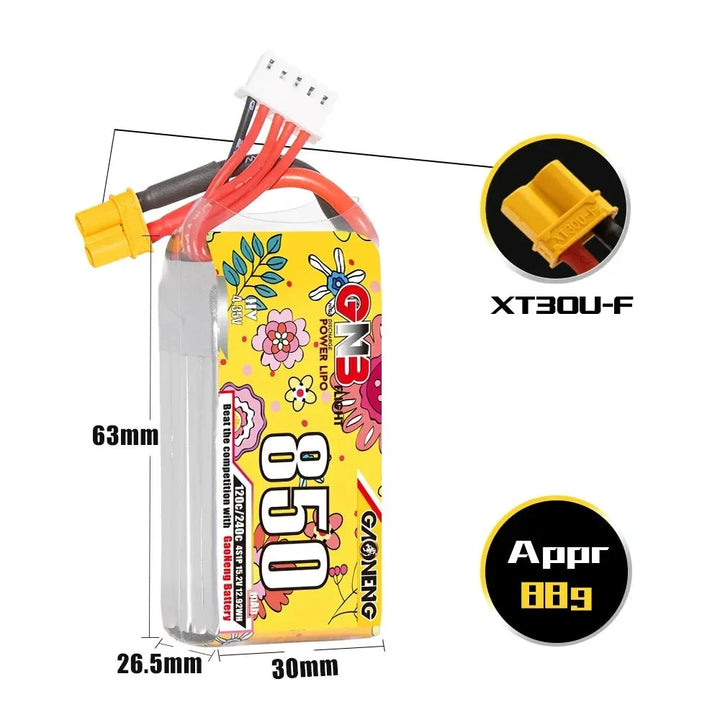GNB GAONENG 850mAh 120C LiHV Battery — 2S 7.6V / 3S 11.4V / 4S 15.2V / 6S 22.8V, XT30 / XT60, FPV Drone