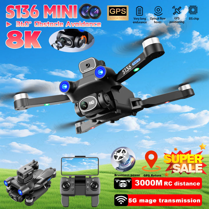 S136 Drone WIFI GPS 360° Laser Obstacle Avoidance 8K HD Dual Camera Brushless Motor Optical flow localization RC Quadcopter Toys