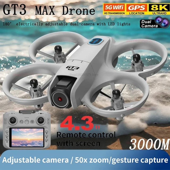 GT3 Drone 8K HD Dual Cameras 180° 5G WIFI GPS Brushless Motor FPV Obstacle Avoidance Foldable Quadcopter with Remote Control Toy