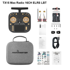 Gold-accented RadioMaster TX15 MAX ELRS LBT kit with case, cable and accessories