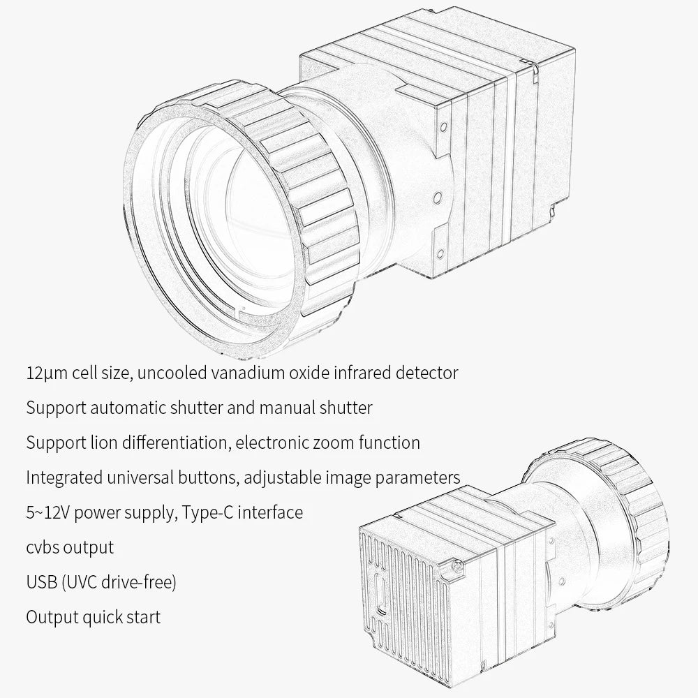 384x288 VOx Uncooled LWIR Thermal Camera,Industry Infrared Thermal Imager,CVBS Output,For UAV, Security & Outdoor Monitoring