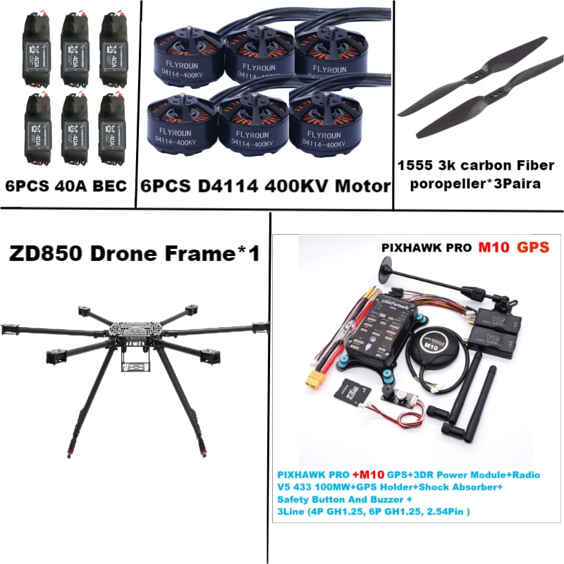 Rctosky ZD850 PRO M8N/M9N/M10 Full Carbon Fiber 850mm Hexa-Rotor Frame BLHELI 40A ESC PIXHAWK Flight Comtrol Rado Telemetry Set