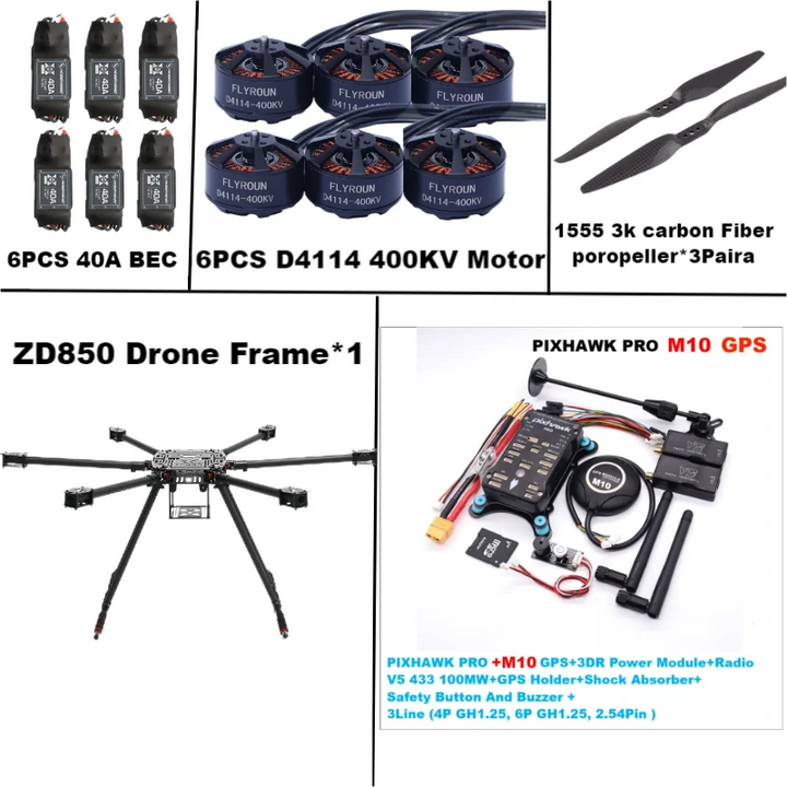 Rctosky ZD850 PRO M8N/M9N/M10 Full Carbon Fiber 850mm Hexa-Rotor Frame BLHELI 40A ESC PIXHAWK Flight Comtrol Rado Telemetry Set