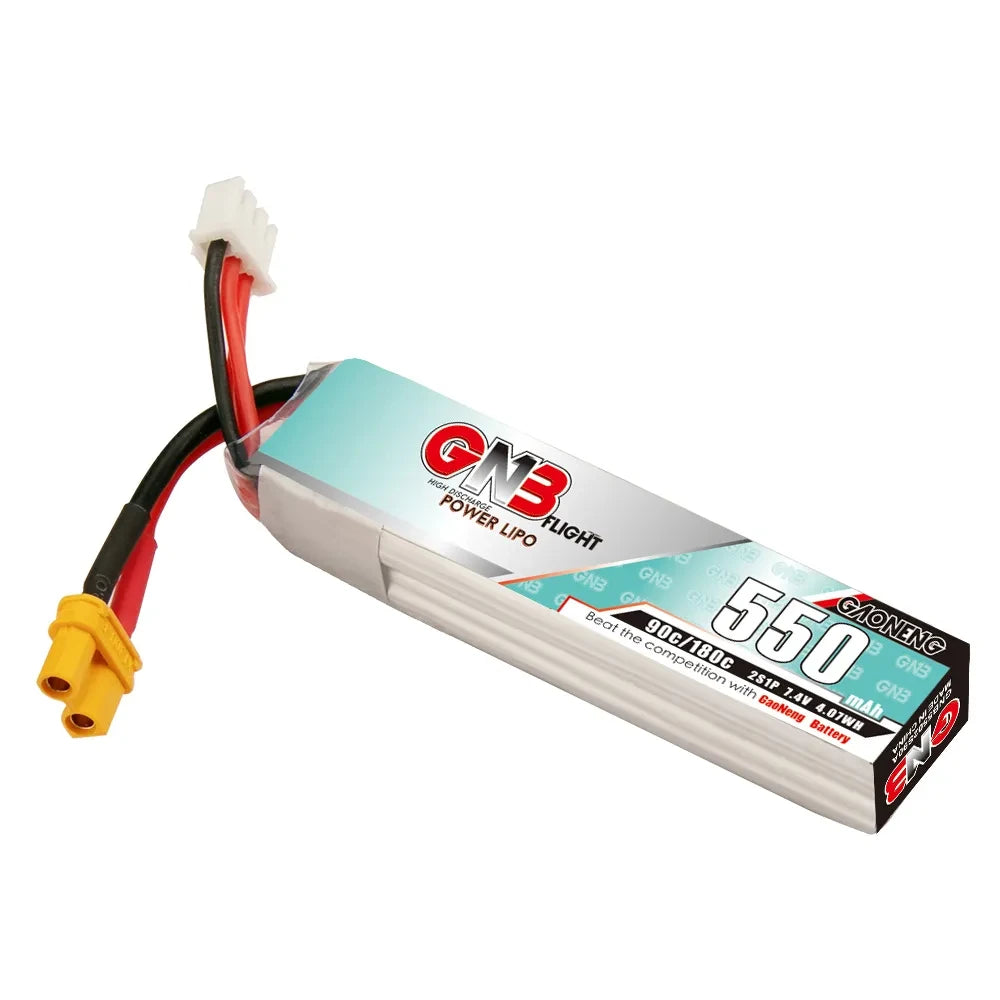 Gaoneng GNB 550mAh 2S 7.4V 90C Slender LiPo Battery XT30 — 1-6 Pack for Micro FPV