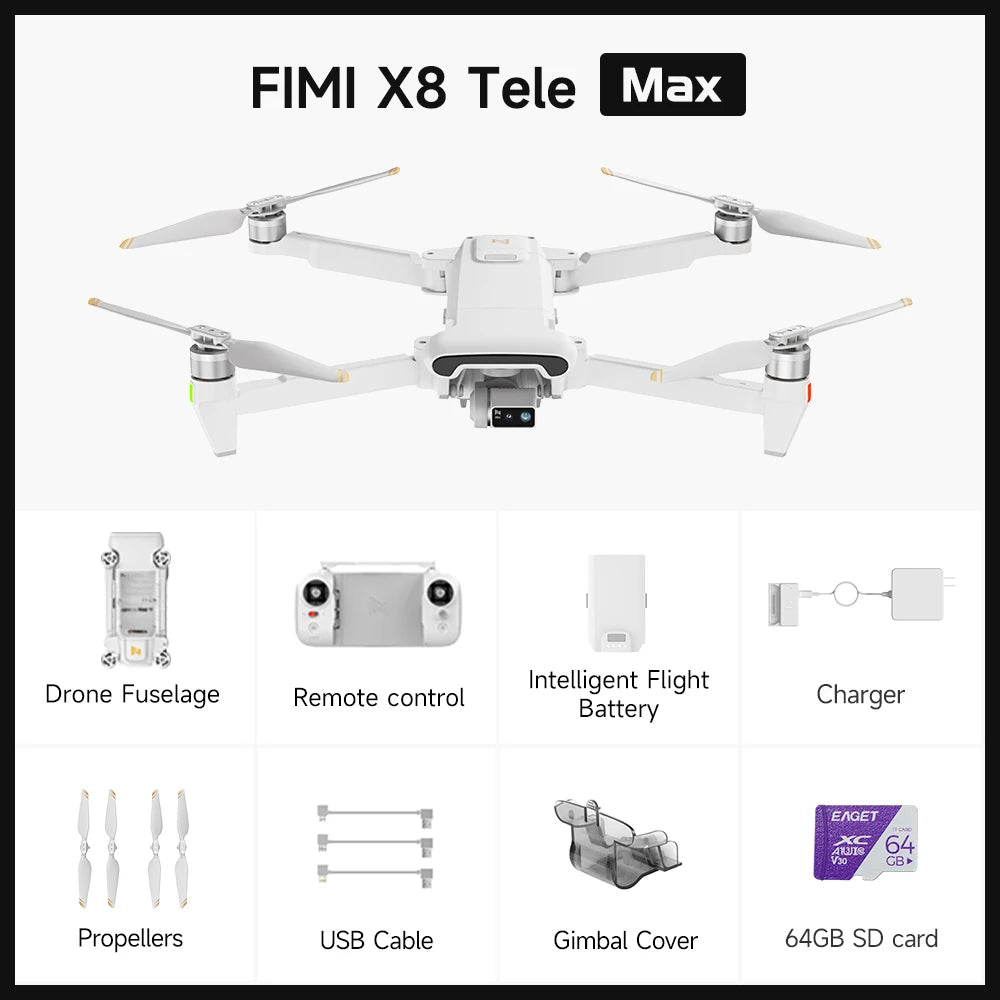 FIMI X8 Tele Max Camera Drone — Dual Sony, 30x Zoom, 4K/60fps, 20km, 47min, GPS