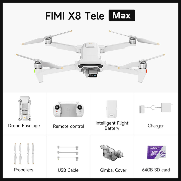 FIMI X8 Tele Max Camera Drone — Dual Sony, 30x Zoom, 4K/60fps, 20km, 47min, GPS