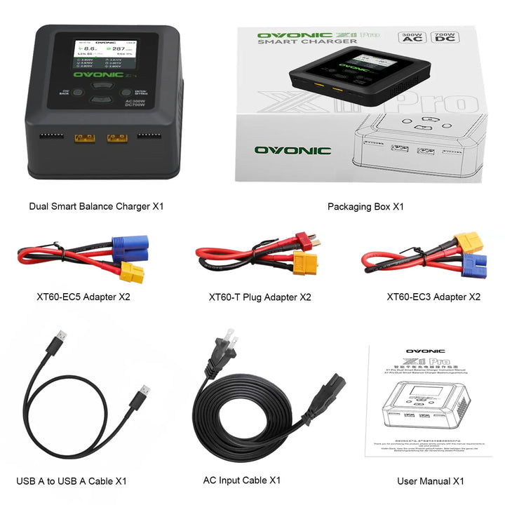 OVONIC X1 Pro Dual RC Lipo Battery Balance Charger for 1s 2s 3s 4s 5s 6s Batteries, AC 300W / DC 700W 16A Smart Fast Charging