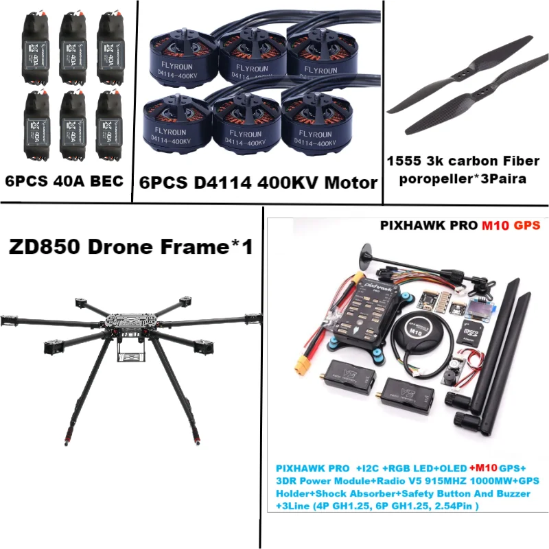 Rctosky ZD850 PRO M8N/M9N/M10 Full Carbon Fiber 850mm Hexa-Rotor Frame BLHELI 40A ESC PIXHAWK Flight Comtrol Rado Telemetry Set