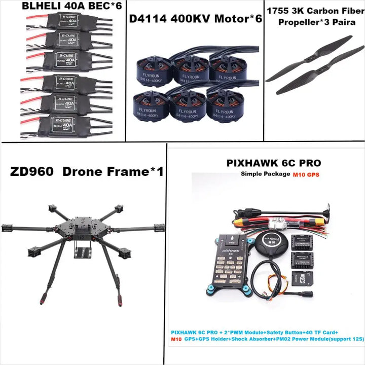 Rctosky ZD960 PIXHAWK 6C PRO M10 Full Carbon Fiber  Hexa-Rotor Frame BLHELI 40A ESC Flight Comtrol Rado Telemetry Set