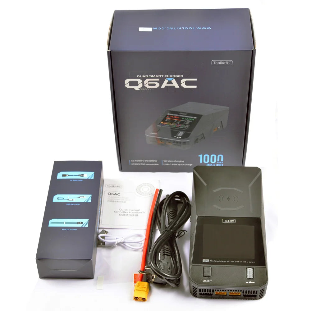 ToolkitRC Q6AC 4-Channel LiPo Charger — AC 400W / DC 1000W, 65W USB-C, 15W Wireless